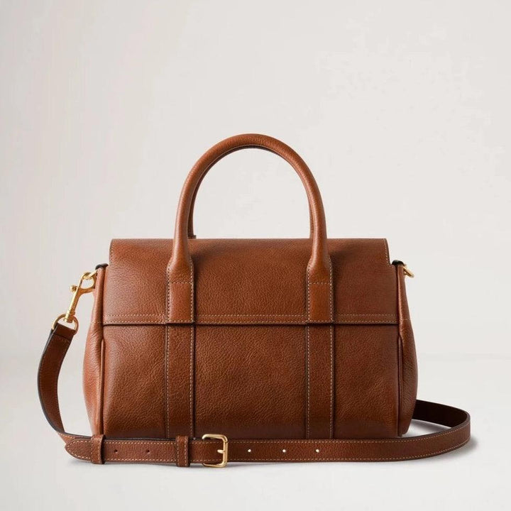 Mulberry Small Bayswater Satchel i brun læder, forside med skulderrem, model 55386