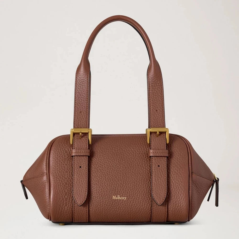 Mulberry Small Boston Bright Oak Heavy Grain, brun håndtaske i kraftigt læder med metalspænder. Model HH0020736G222