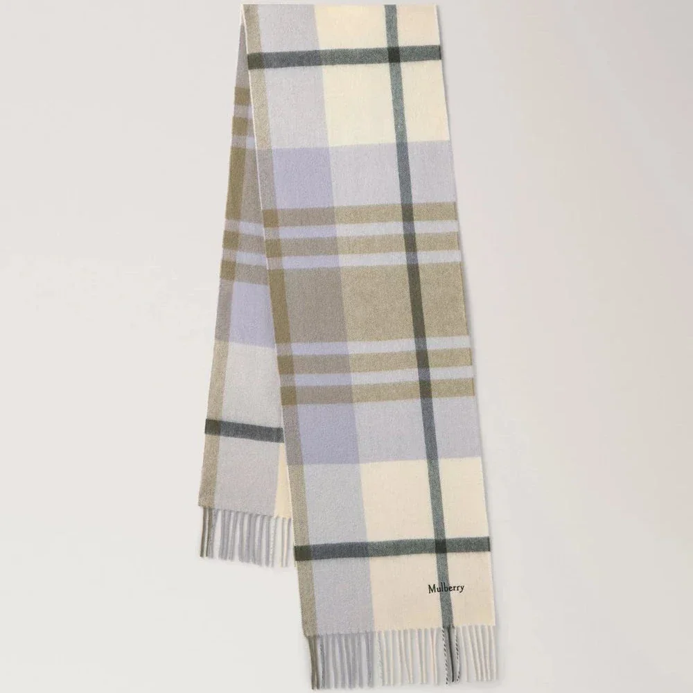 Mulberry Small Check Merino Wool Scarf Eggshell and Olive, uld tørklæde med tern i lyse nuancer. Model VS4319890W563.
