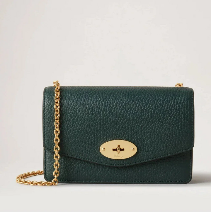 Mulberry Small Darley i mørkegrønt læder med guldkæde og metalspænde, Model RL5004-205Q633.