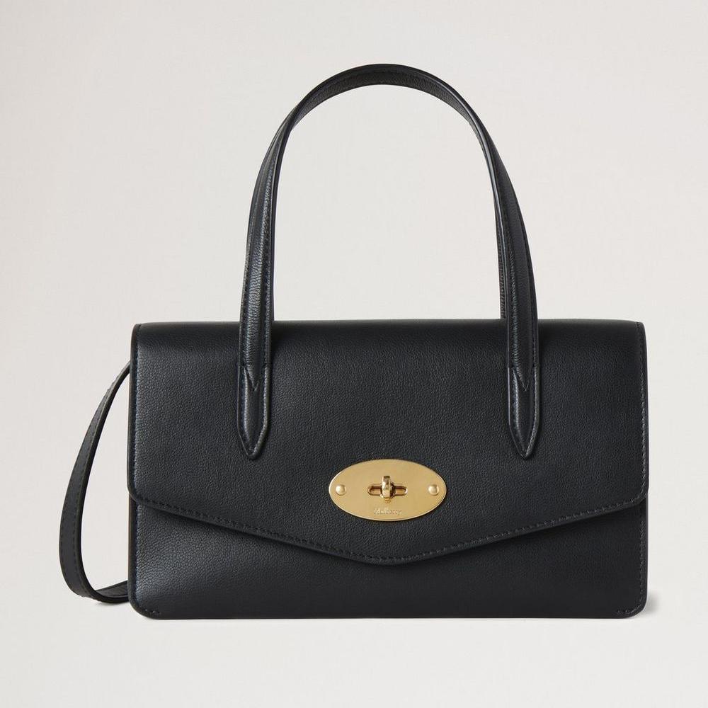 Mulberry Small Darley Top Handle Black Micro Classic Grain, elegant sort lædertaske med gyldent spænde. Model RL8678587A100