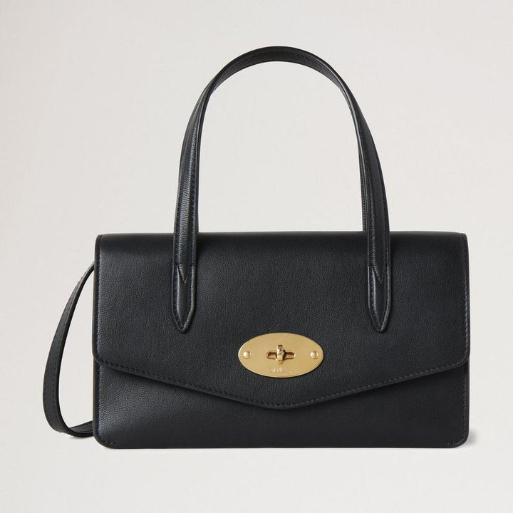 Mulberry Small Darley Top Handle Black Micro Classic Grain, elegant sort lædertaske med gyldent spænde. Model RL8678587A100