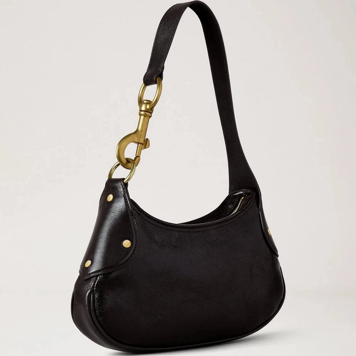 Mulberry Small Hackney Shoulder Bag, elegant skuldertaske i mørkebrunt, skinnende læder med messingdetaljer. Model RL8929726A110