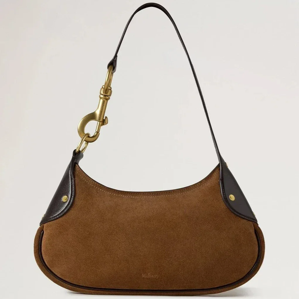 Mulberry Small Hackney Shoulder Bag i vintage oak ruskind med mørkebrune læderdetaljer, Model RL8925047G924.