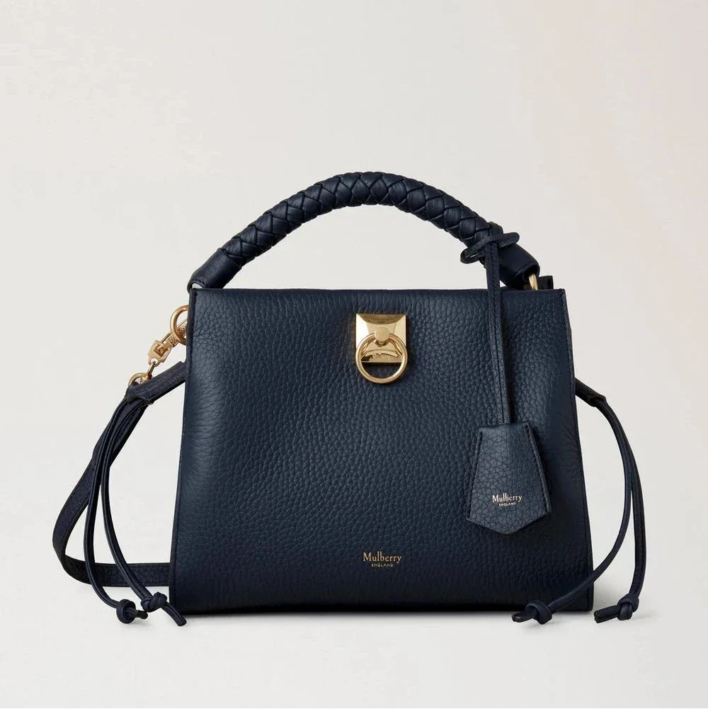 Mulberry Small Iris Night Sky Heavy Grain and Silky Calf håndtaske i mørkeblå læder med gulddetaljer, Model hh6267000u888-1.