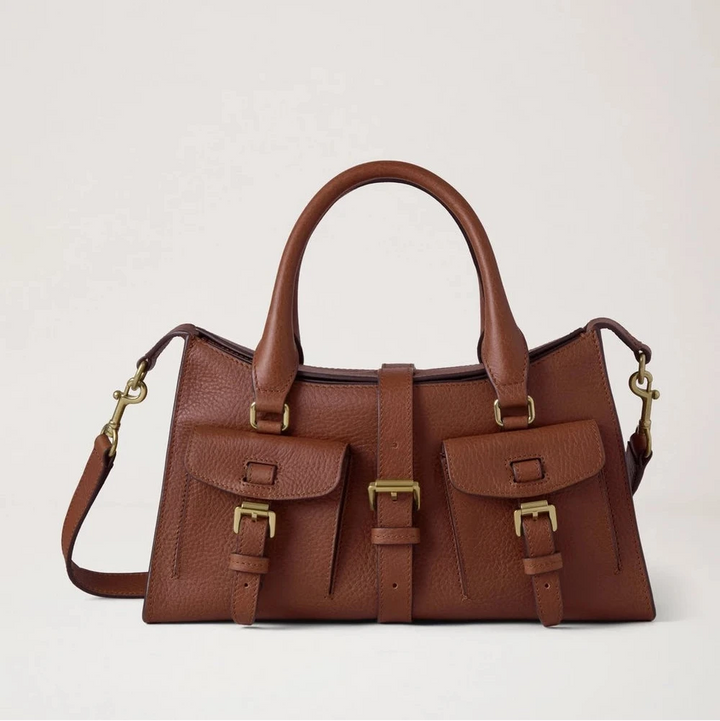 Mulberry Small Roxanne Heritage NVT Oak, brun lædertaske med to forlommer og spænder. Model HH9978730G110.