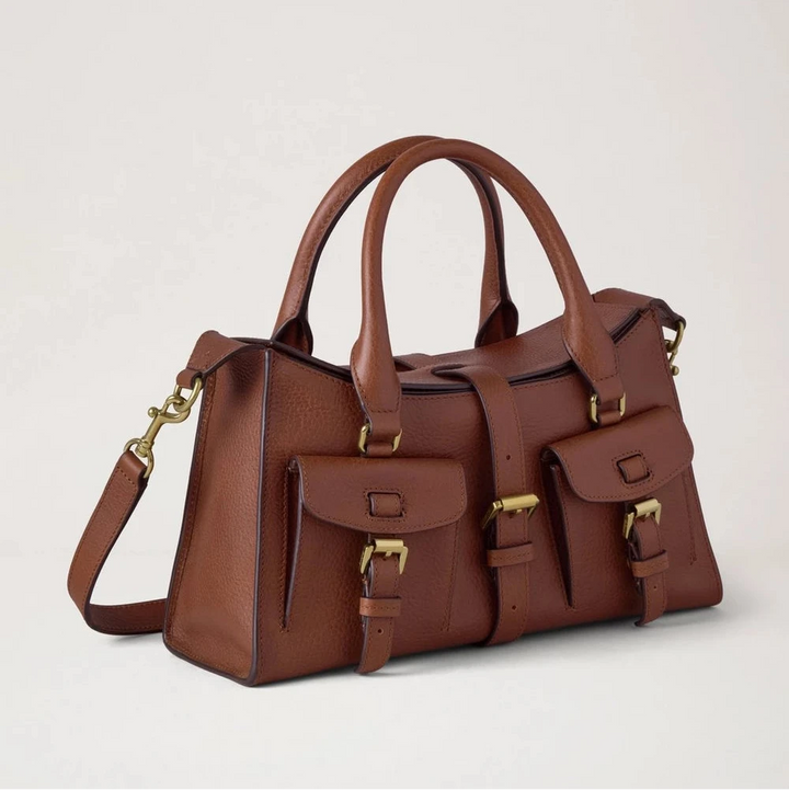 Mulberry Small Roxanne Heritage NVT Oak håndtaske i brunt læder med lommer og guldspænder. Model HH9978730G110