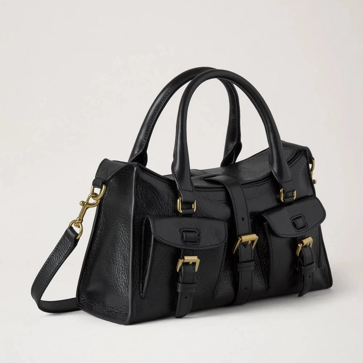 Mulberry Small Roxanne High Shine Leather Black håndtaske i sort læder med guldspænder, Model HH9977213A100.