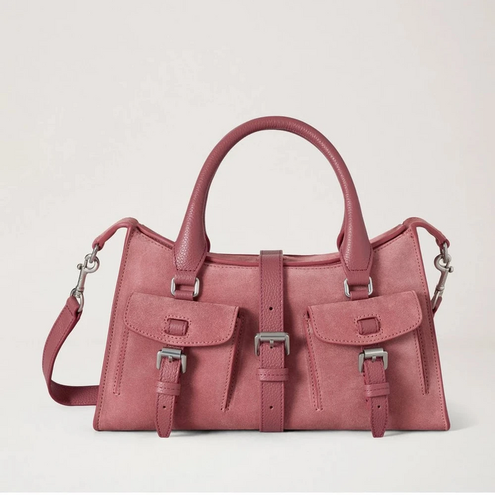 Mulberry Small Roxanne Pink Scrumpy Suede håndtaske med to forlommer og rem. Model HH9979047J647.