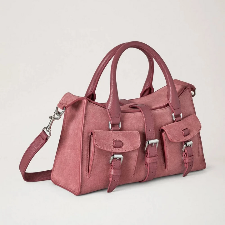 Mulberry Small Roxanne Pink Scrumpy Suede håndtaske med dobbelthanke, lommer og rem. Model hh9979047j647