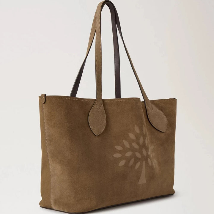 Mulberry Suede Tree Tote Salcombe Sand Suede i sandfarvet ruskind med trykt træsiluet, Model hh9870047p705.