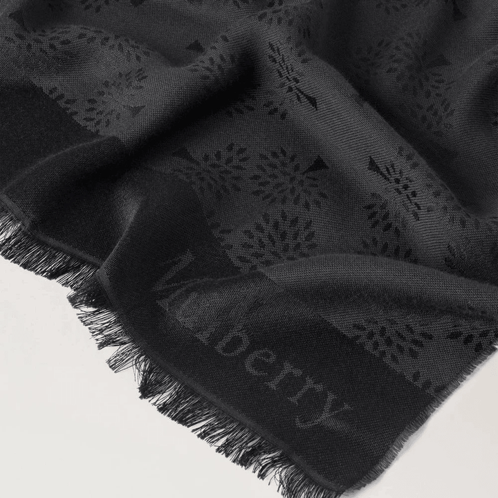 Mulberry Tree Rectangular Scarf Black Cotton Silk Blend med vævet mønster og frynser, Model VS4638708A100