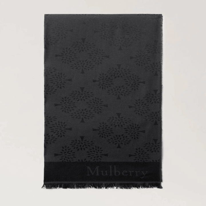 Mulberry Tree Rectangular Scarf black cotton-silk blend med vævet logo og træmønster, Model VS4638708A100