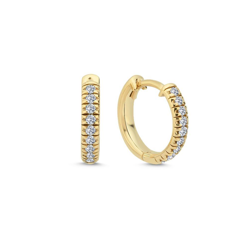 Nuran 14kt Champagne Creoler 0.18ct W/SI er synlige som små runde guldøreringe med funklende sten, Model o3088-018-rg.