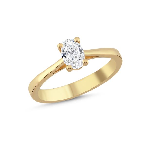 Guldring med oval brillant, forsidebillede af elegant forlovelsesring med klar diamant
