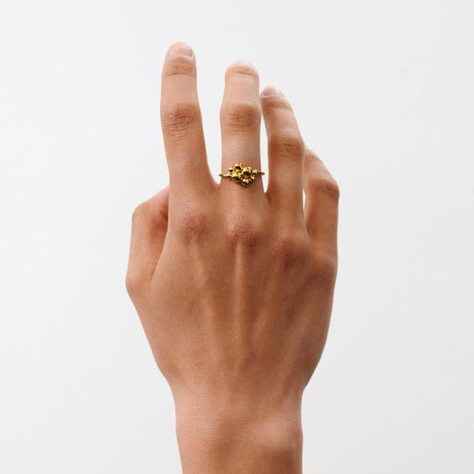 Pernille Corydon Pebble Ring i forgyldt sølv vises på en hånd mod hvid baggrund. Model R-460-GP-001.