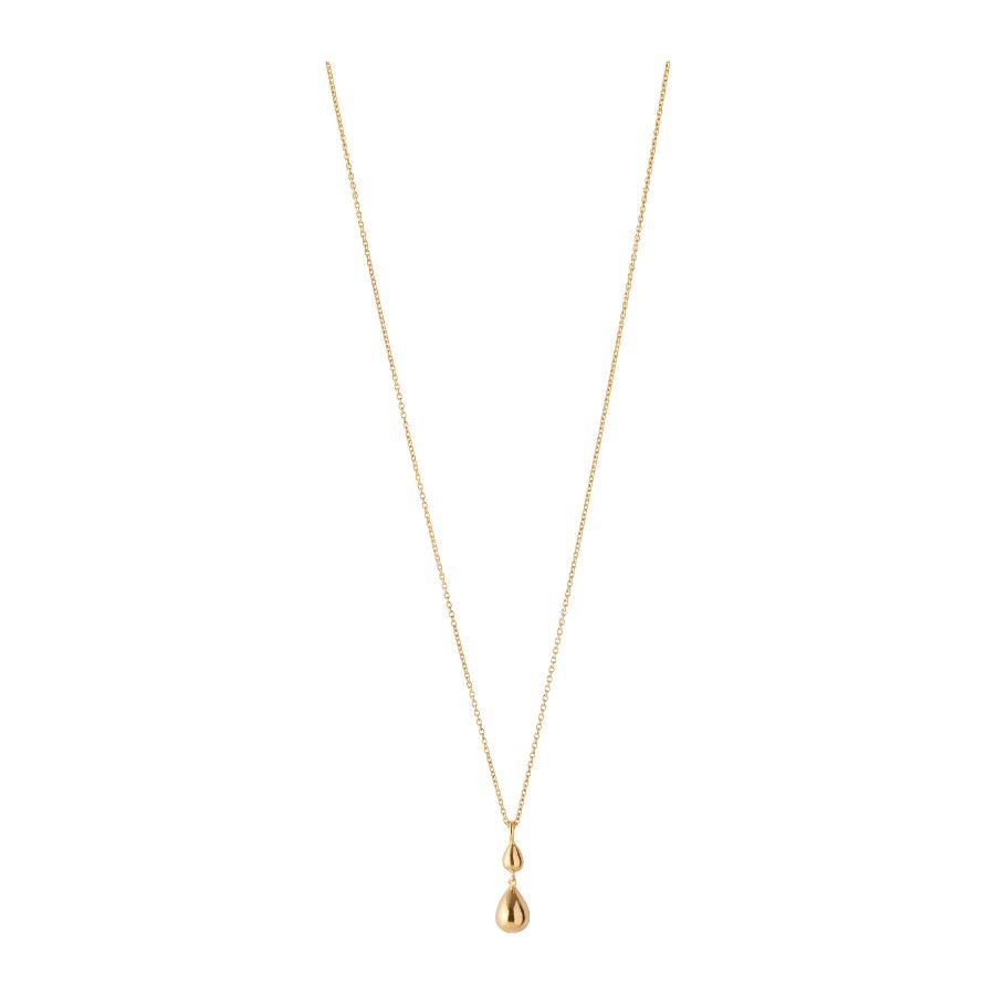Pernille Corydon Rain forgyldt halskæde med dråbevedhæng i blank guldfinish på hvid baggrund. Model N-304-GP-1