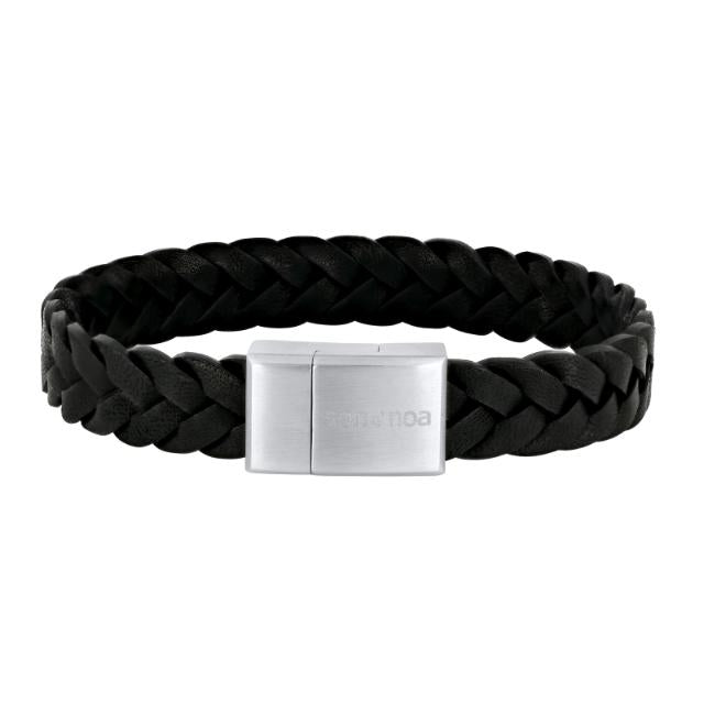 Son of Noa herre armbånd i sort læder med flettet design og mat stållås, Model 809702691-001