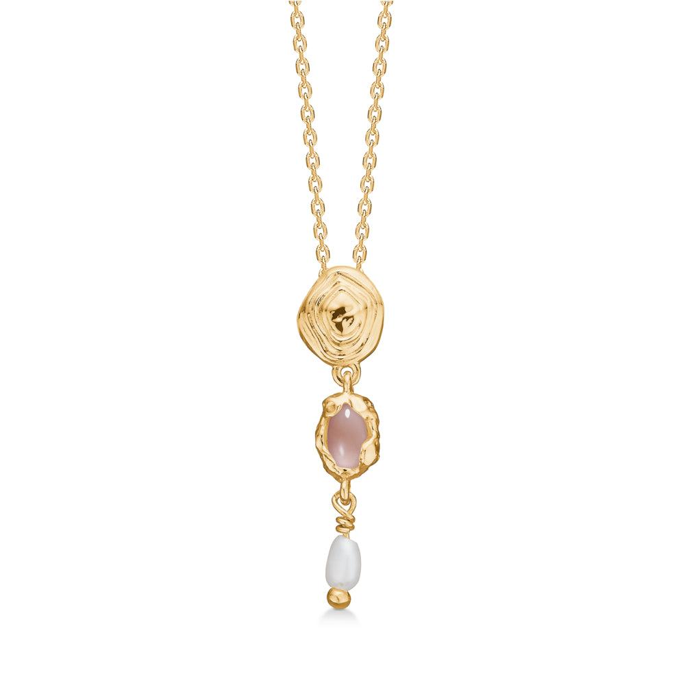 studio-z-shell-forgyldt-halskaede-m-rosa-zirkonia med vedhæng i guldlook, rosa sten og hvid perle. Model 7227879-1