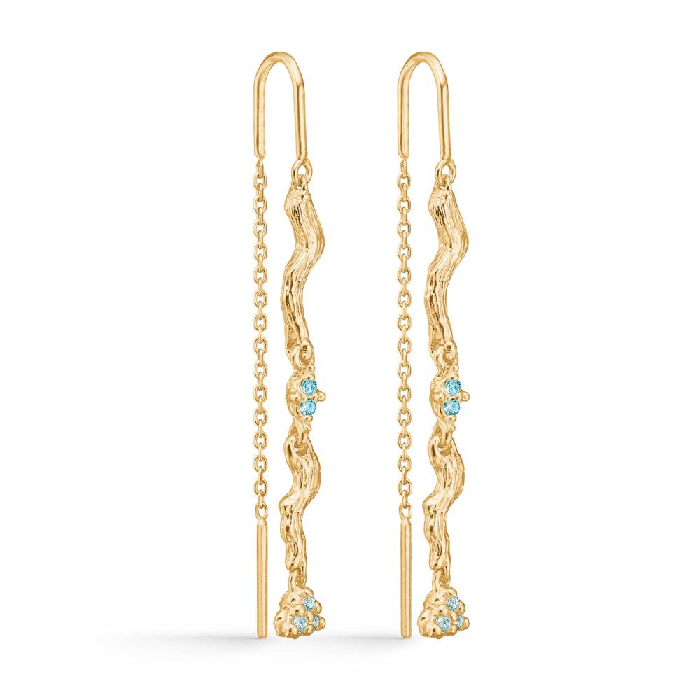 Studio Z Tangled Kaedeøreringe med kæde i guld og blå zirkonia, organisk form. Model 7207847-1