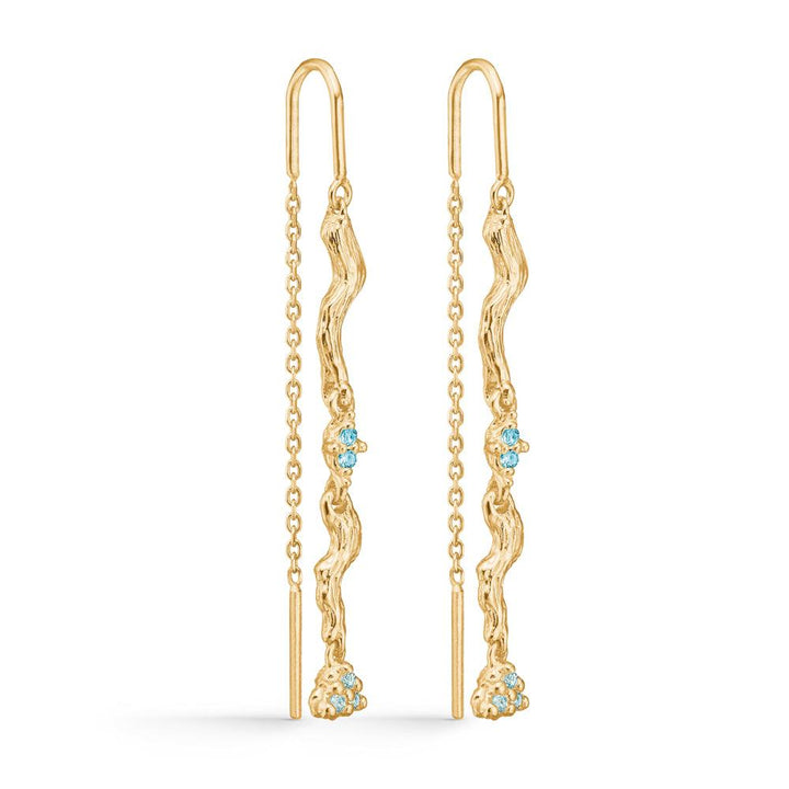 Studio Z Tangled Kaedeøreringe med kæde i guld og blå zirkonia, organisk form. Model 7207847-1