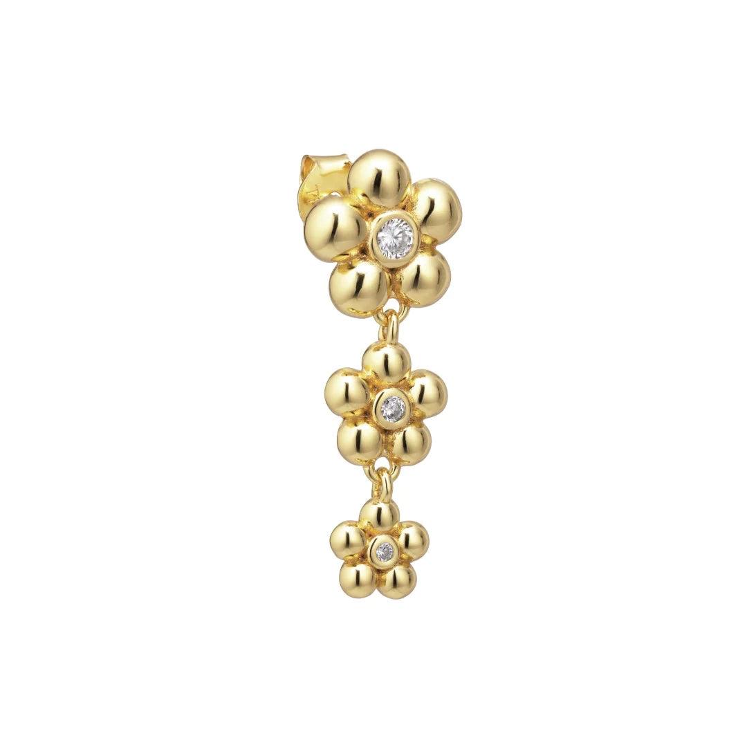 Polly Stud, elegant forgyldt ørestik med tre blomster-formede vedhæng og klare sten, Model FW2301-1.
