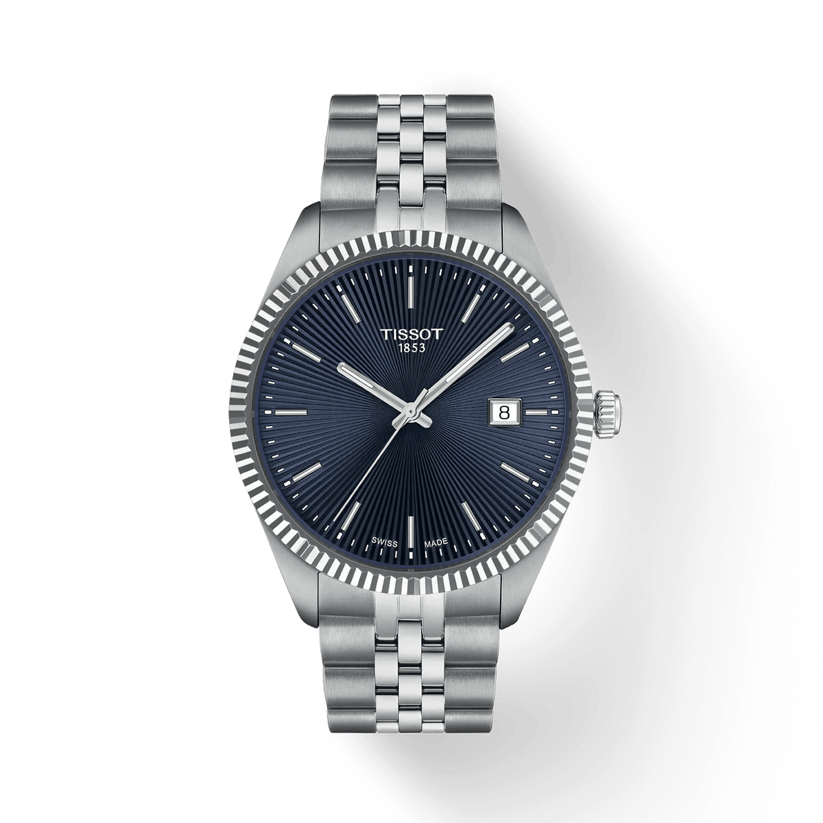 Tissot Ballade 40mm med blå guilloche urskive og stållænke, elegant herreur. Model T1564101104100