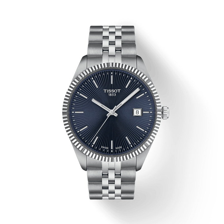 Tissot Ballade 40mm med blå guilloche urskive og stållænke, elegant herreur. Model T1564101104100