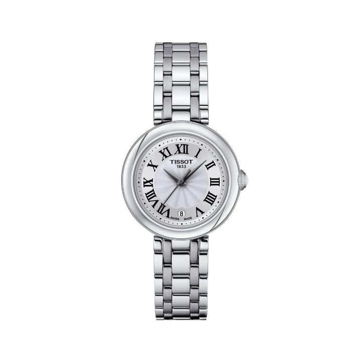 Tissot Bellissima Small Lady viser et sølv ur med romertal, dato og elegant metalrem. Model T1260101101300