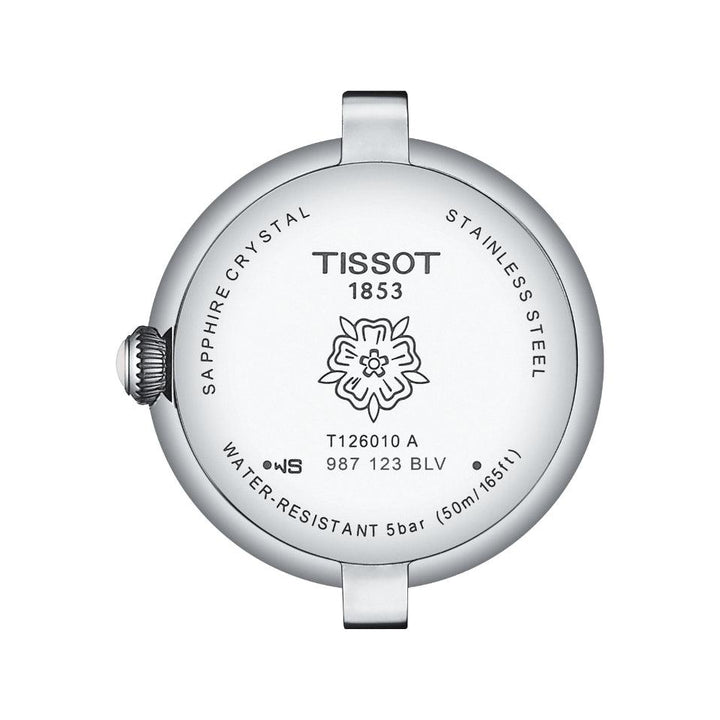 Tissot Bellissima Small Lady T1260101101300 urkasse af rustfrit stål set bagfra med indgravering. Model T1260101101300