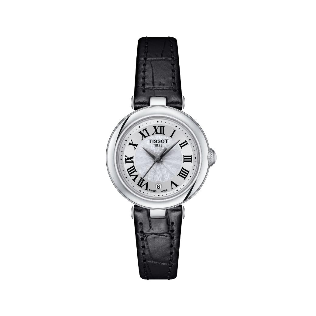 Tissot Bellissima Small Lady med sølvskive, sorte romertal og sort læderrem. Model T1260101601300.