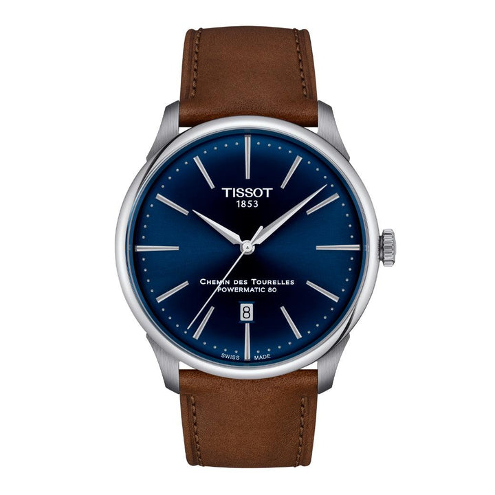 Tissot Chemin des Tourelles Powermatic 80 42 mm med blå urskive og brun læderrem, Model T1394071604100.