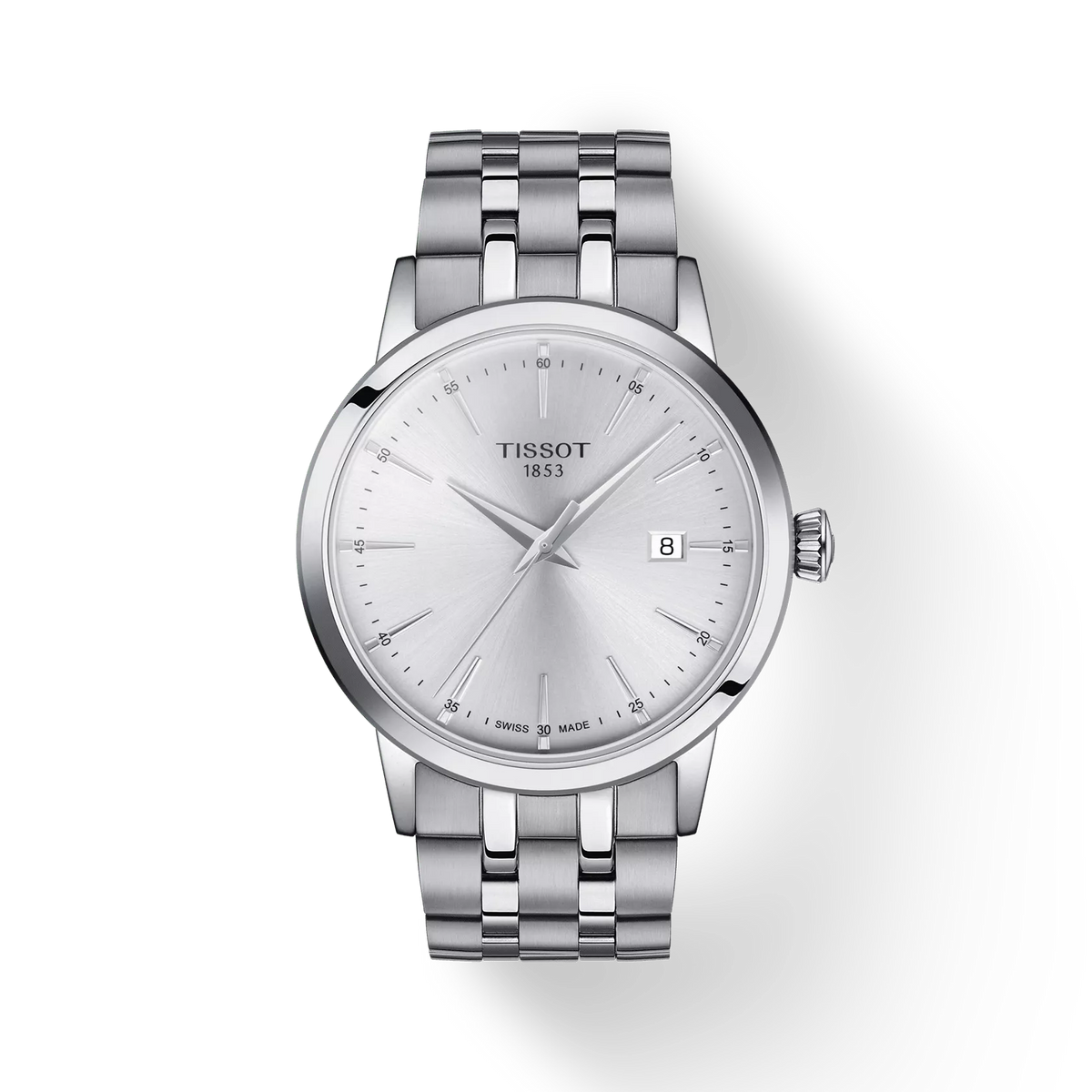Tissot Classic Dream 42mm stålarmbåndsur med sølv urskive og datovisning. Model T1294101103100