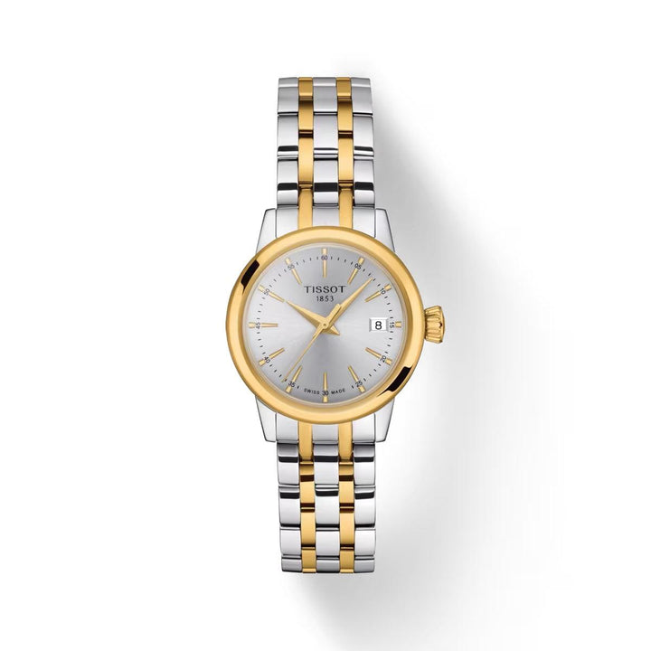 Tissot Classic Dream Lady guld PVD viser elegant tofarvet dameur med sølv urskive og dato. Model T1292102203100