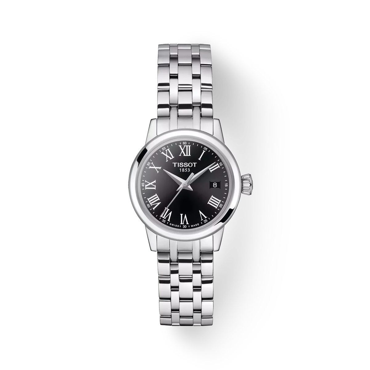 Tissot Classic Dream Lady stålarmbånd med sort skive, romertal og datovisning. Model T1292101105300.