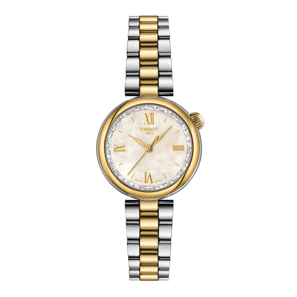 Tissot Desir 28mm PVD med perlemor urskive, tofarvet stållænke og guldfarvede detaljer. Model T1520102211801