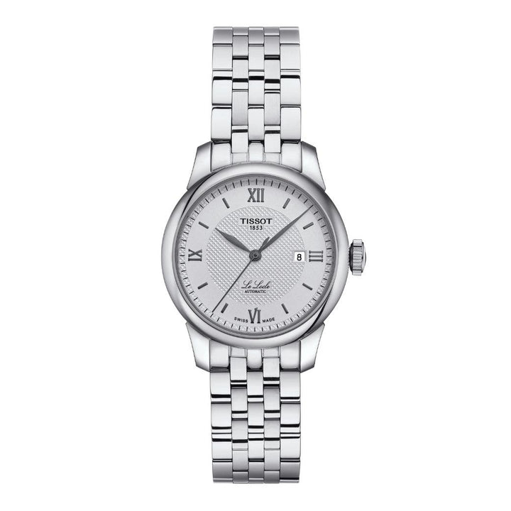 Tissot Le Locle Automatic Lady 29 mm viser et elegant sølv dameur i stål med romertall. Model T0062071103800.