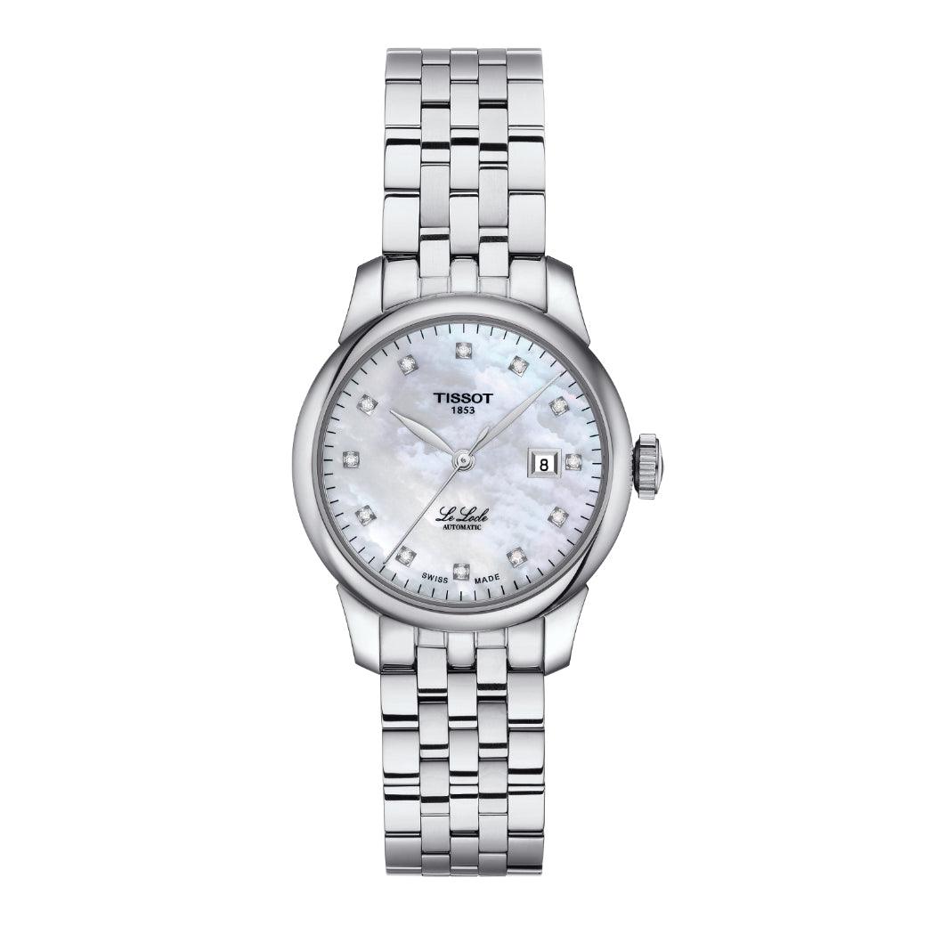 Tissot Le Locle Automatic Lady 29 mm ur med sølv stållænke, perlemorsskive og dato. Model T0062071111600