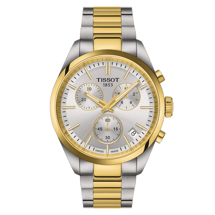 Tissot PR 100 Chronograph PVD med sølv urskive, tofarvet stållænke, Model T1504172203100