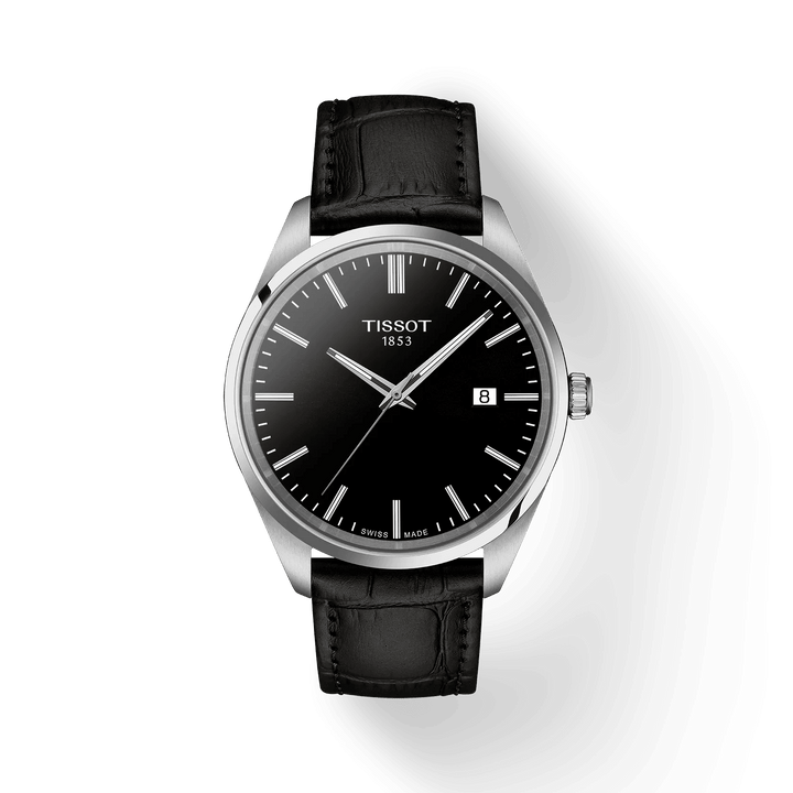 Tissot PR 100 Quartz med sort urskive, dato og sort læderrem. Model T1504101605100.
