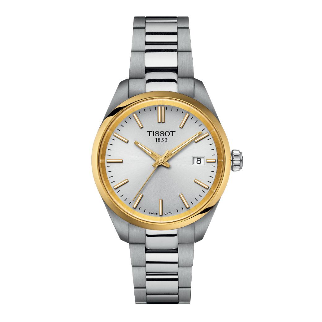 Tissot PR 100 viser et tofarvet ur i stål med guldfarvet krans og sølv urskive, Model T1502102103100.