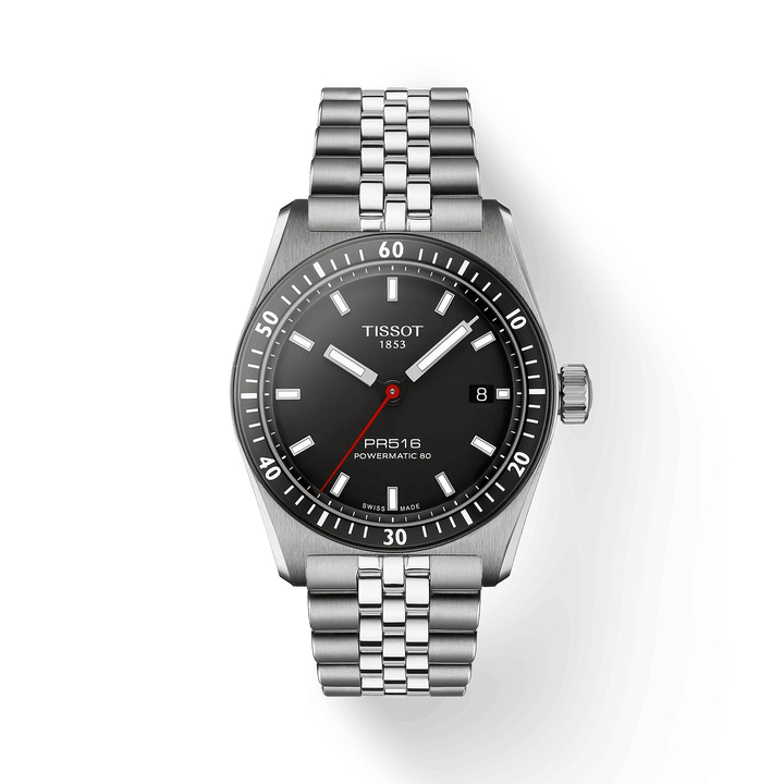Tissot PR516 Powermatic 80 med sort urskive og sølvfarvet stållænke, Model T1494071105100.