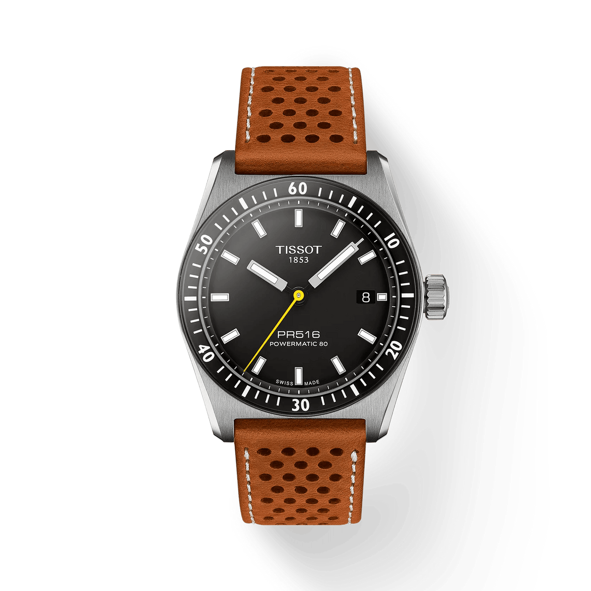 Tissot PR516 Powermatic 80 med sort urskive, stål urkasse og brun perforeret læderrem. Model T1494071605100