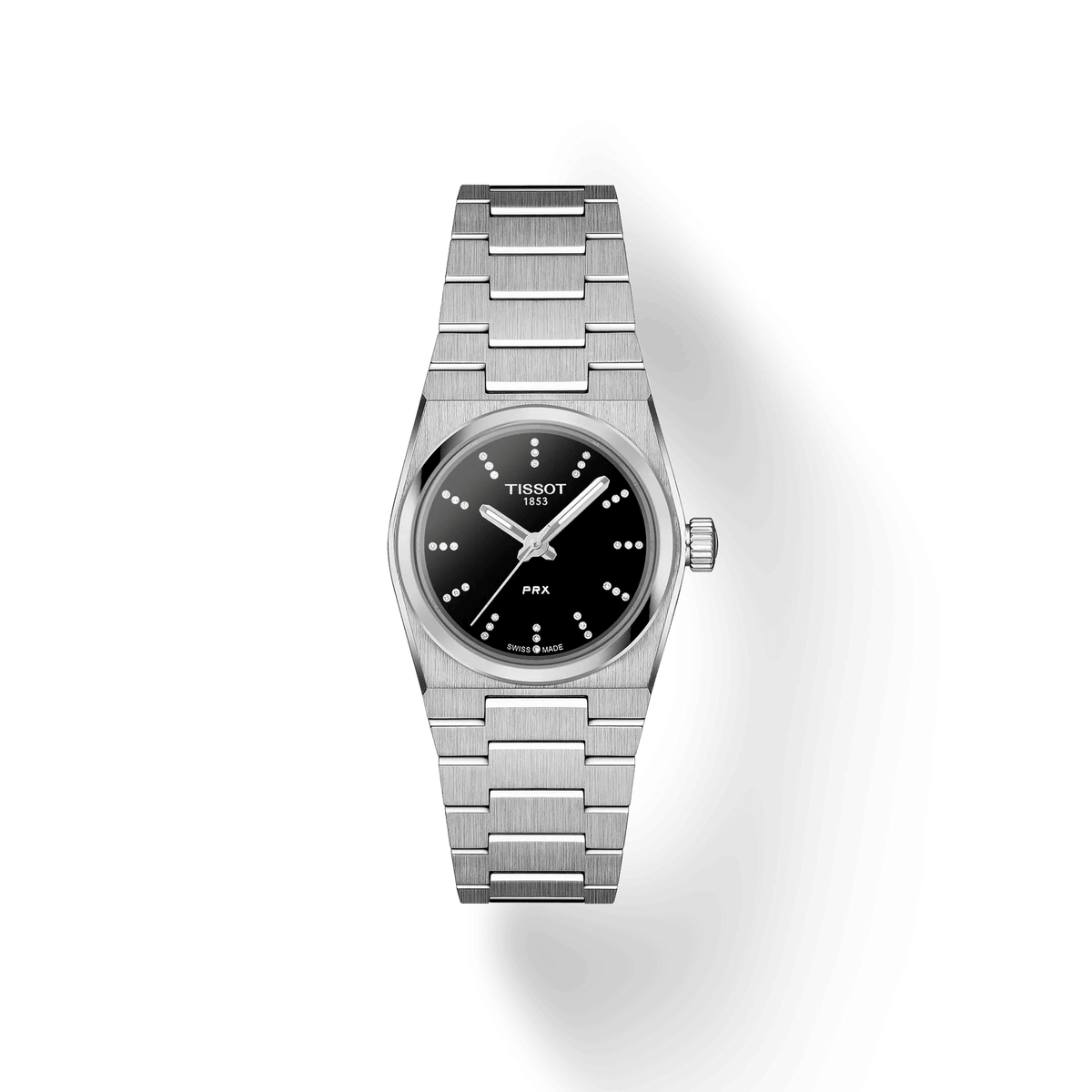 Tissot PRX 25mm sort urskive med diamanter, stål ur og armbånd. Model T1370101105600