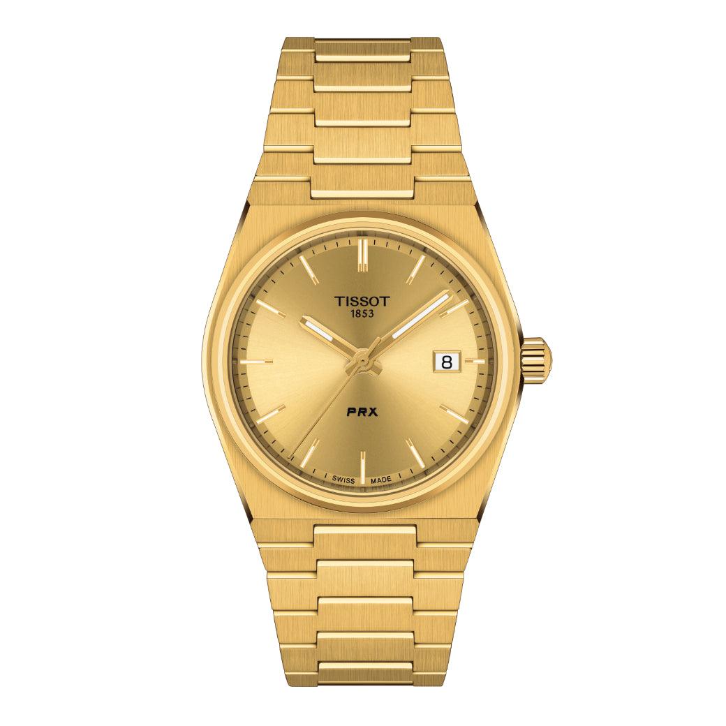Tissot PRX 35mm guld PVD ur med integreret lænke og guldfarvet skive. Model T1372103302100.
