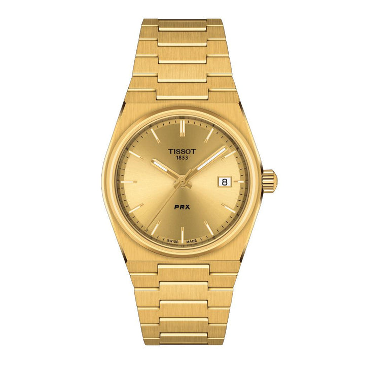 Tissot PRX 35mm guld PVD ur med integreret lænke og guldfarvet skive. Model T1372103302100.