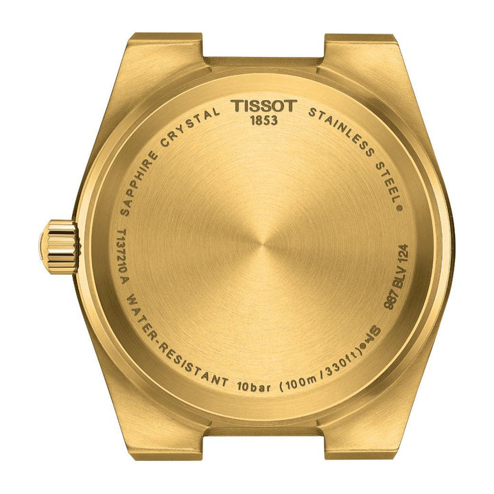 Tissot PRX 35mm guld PVD viser bagsiden af urkassen i børstet guldfarvet stål, Model T1372103302100.