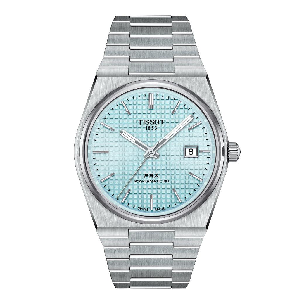 Tissot PRX Powermatic 80 Ice Blue ur med stålrem, isblå urskive og dato. Model T1374071135100.