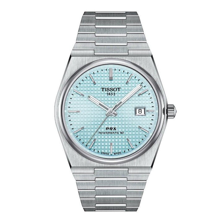 Tissot PRX Powermatic 80 Ice Blue ur med stålrem, isblå urskive og dato. Model T1374071135100.