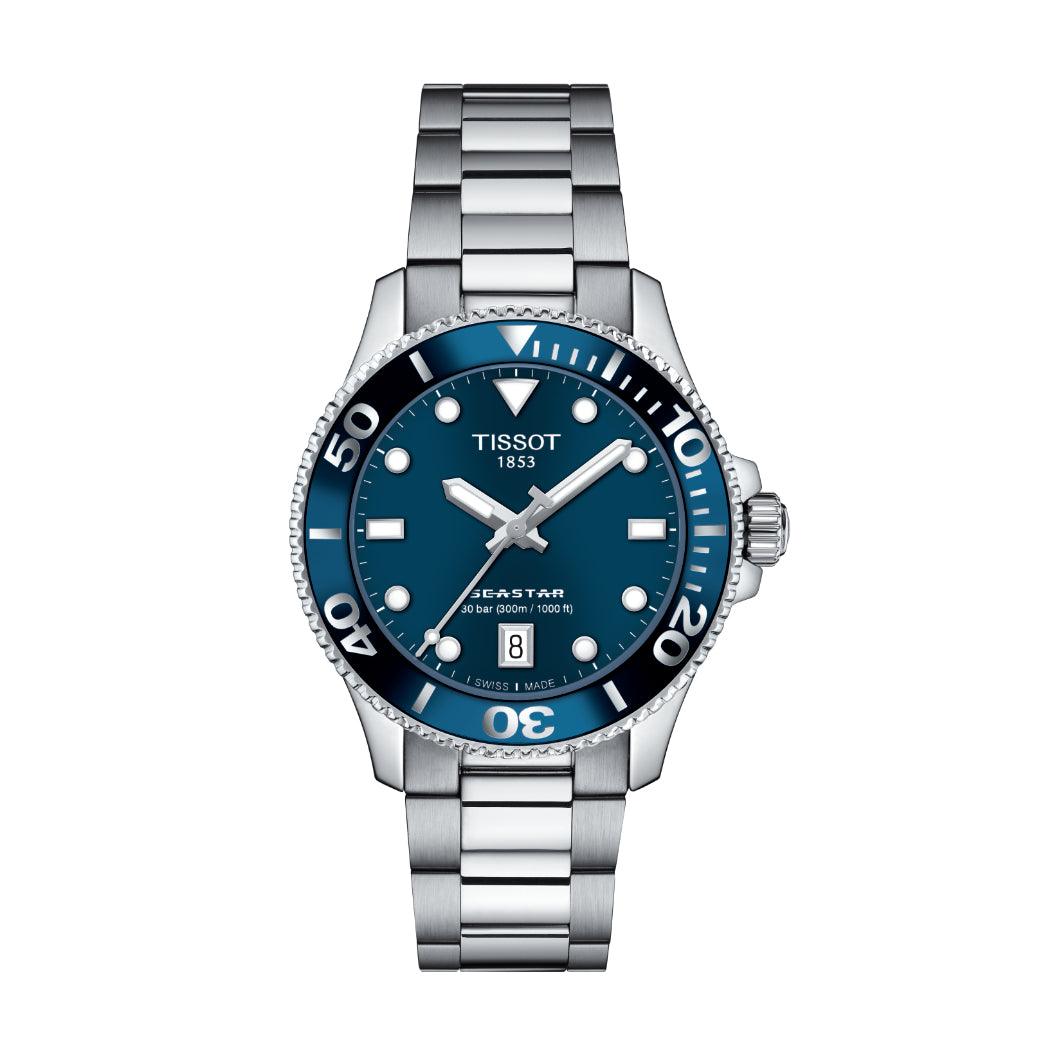 Tissot Seastar 1000 36mm ur med blå urskive, stållenke og dato, Model T1202101104100